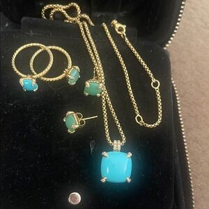 David Yurman Gold Necklace and Earring Set with Turquoise Stones